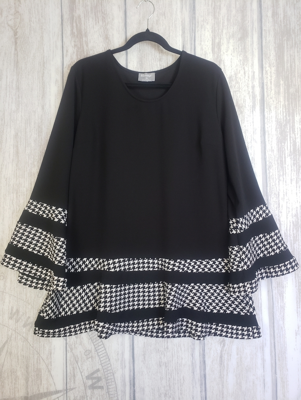 Masseys Black & White Houndstooth Trapeze Tunic Dress Flared Sleeve Size XL C8